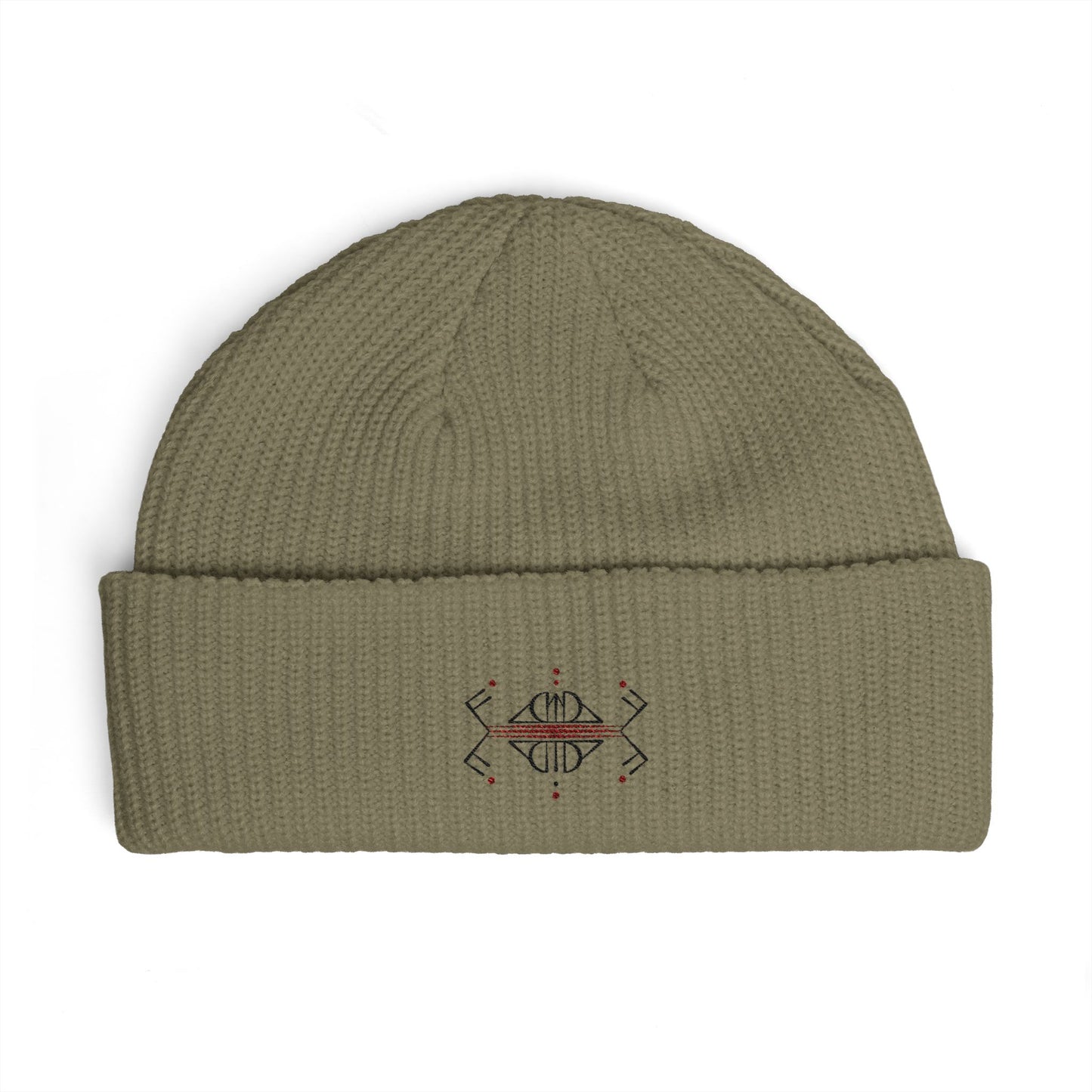 Embroidered Geometric Cuff Beanie — Minimal Boho Knit Hat
