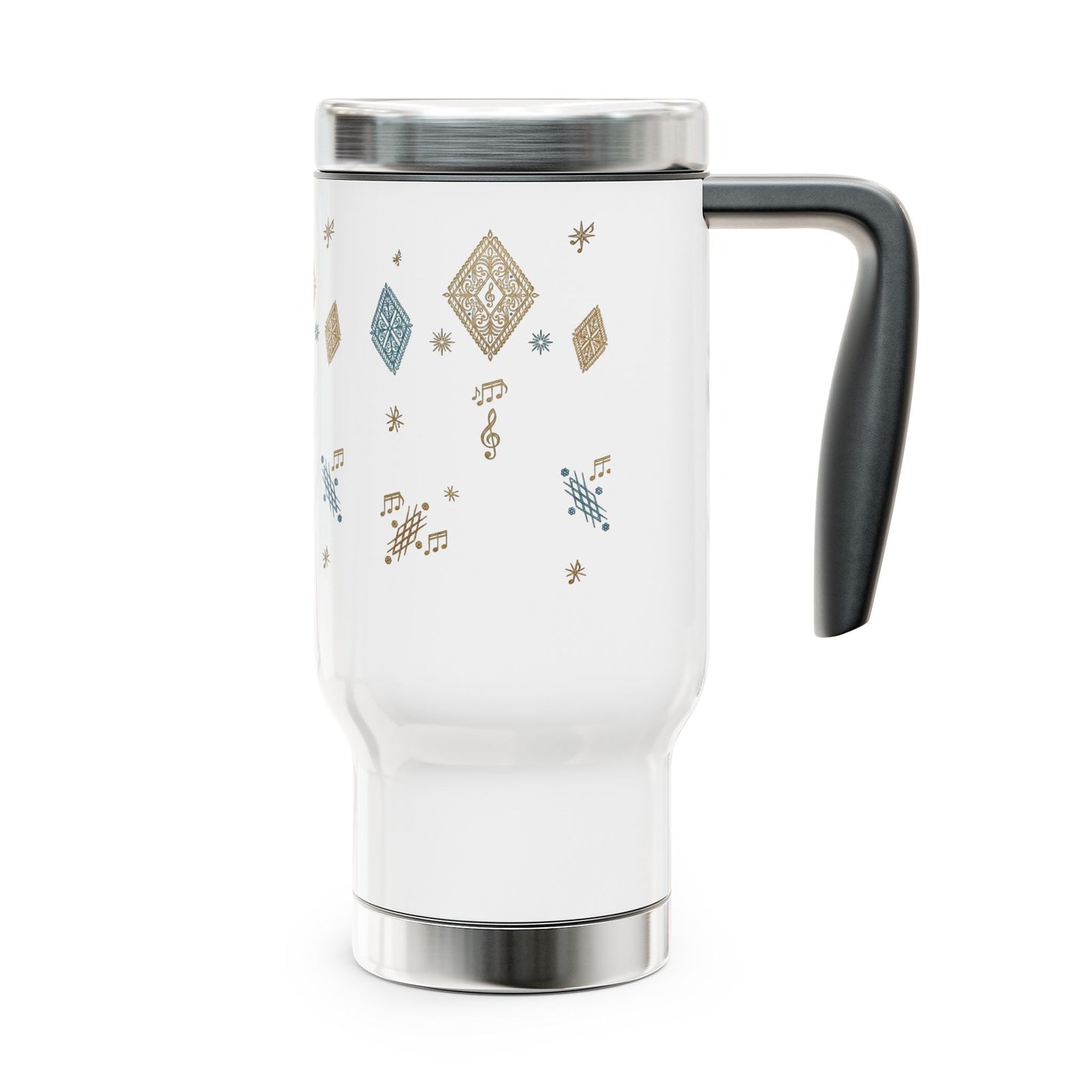 Mug de voyage en acier inoxydable de 14 oz — motif musical en losanges dorés et bleu sarcelle, gobelet à café isotherme avec poignée
