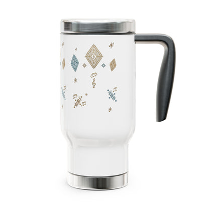 Mug de voyage en acier inoxydable de 14 oz — motif musical en losanges dorés et bleu sarcelle, gobelet à café isotherme avec poignée