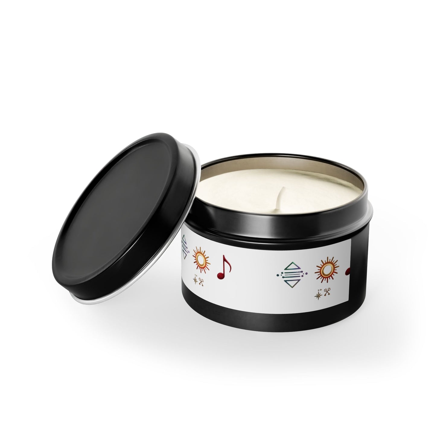 Bougie en boîte métallique — Bougie parfumée en boîte métallique symbole bohème soleil et musique