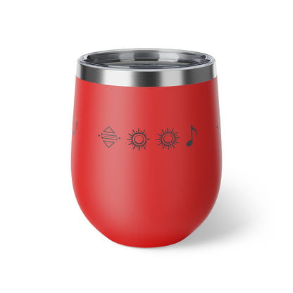 Gobelet à vin en cuivre isolé – gobelet de voyage rouge avec icônes de soleil et de note de musique, 12 oz