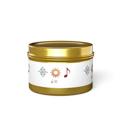 Bougie en boîte métallique — Bougie parfumée en boîte métallique symbole bohème soleil et musique