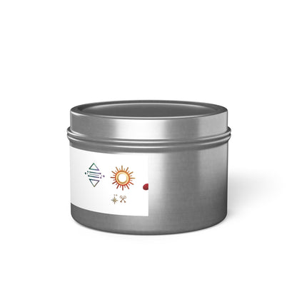 Bougie en boîte métallique — Bougie parfumée en boîte métallique symbole bohème soleil et musique