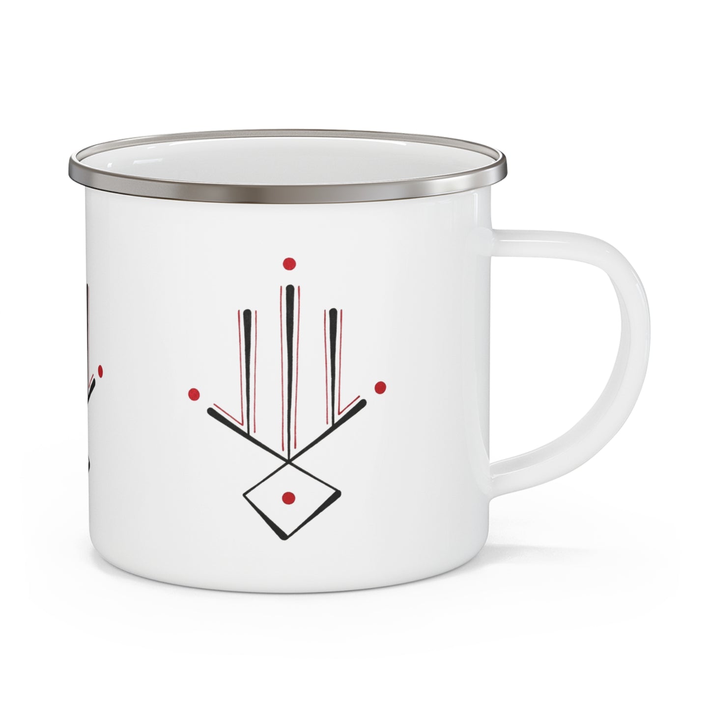 Enamel Mug — Minimalist Geometric Camping Cup with Red Dot Accent