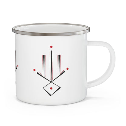Enamel Mug — Minimalist Geometric Camping Cup with Red Dot Accent