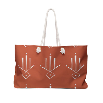 Boho Rust Geo Weekender Bag — Spacious Travel Tote with White Tribal Pattern