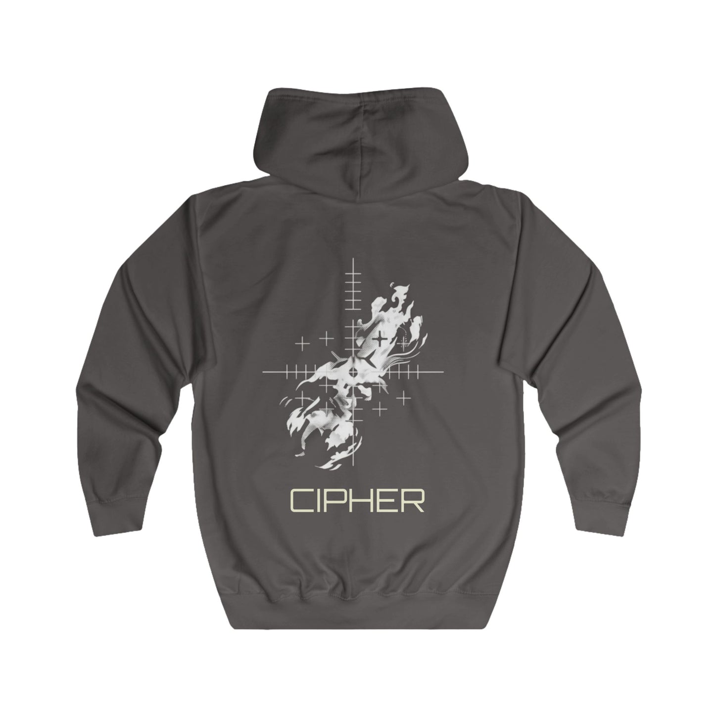 Sweat à capuche zippé Cipher Flame — Sweat à capuche noir graphique à fermeture éclair complète avec motif Cipher Flame au dos