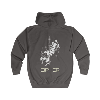 Sweat à capuche zippé Cipher Flame — Sweat à capuche noir graphique à fermeture éclair complète avec motif Cipher Flame au dos