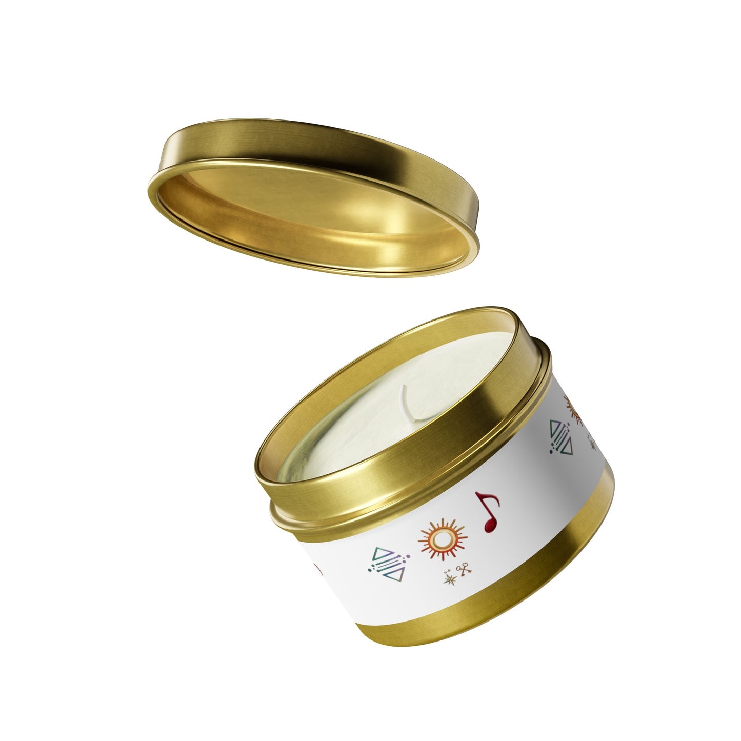 Bougie en boîte métallique — Bougie parfumée en boîte métallique symbole bohème soleil et musique