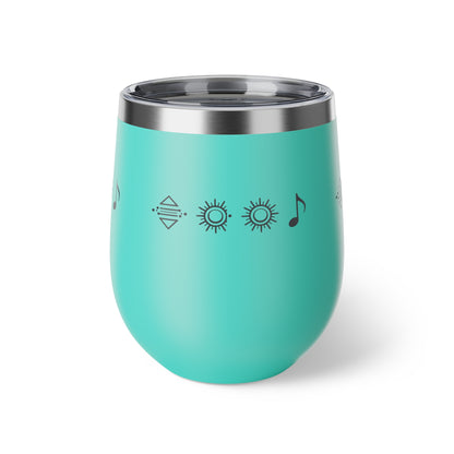 Gobelet à vin en cuivre isolé – gobelet de voyage rouge avec icônes de soleil et de note de musique, 12 oz