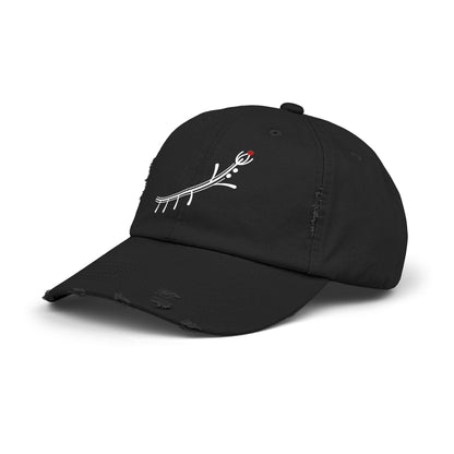 Distressed Black Cap with Minimal White Branch & Red Bud Embroidery