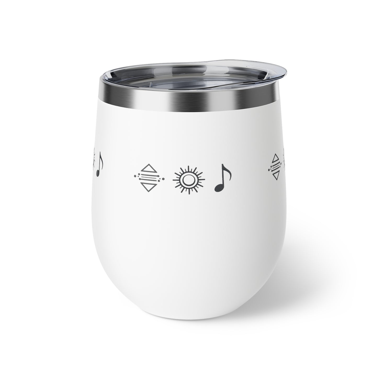 Gobelet à vin en cuivre isolé – gobelet de voyage rouge avec icônes de soleil et de note de musique, 12 oz
