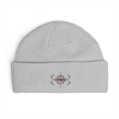 Embroidered Geometric Cuff Beanie — Minimal Boho Knit Hat