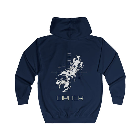 Sweat à capuche zippé Cipher Flame — Sweat à capuche noir graphique à fermeture éclair complète avec motif Cipher Flame au dos