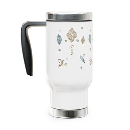 Mug de voyage en acier inoxydable de 14 oz — motif musical en losanges dorés et bleu sarcelle, gobelet à café isotherme avec poignée