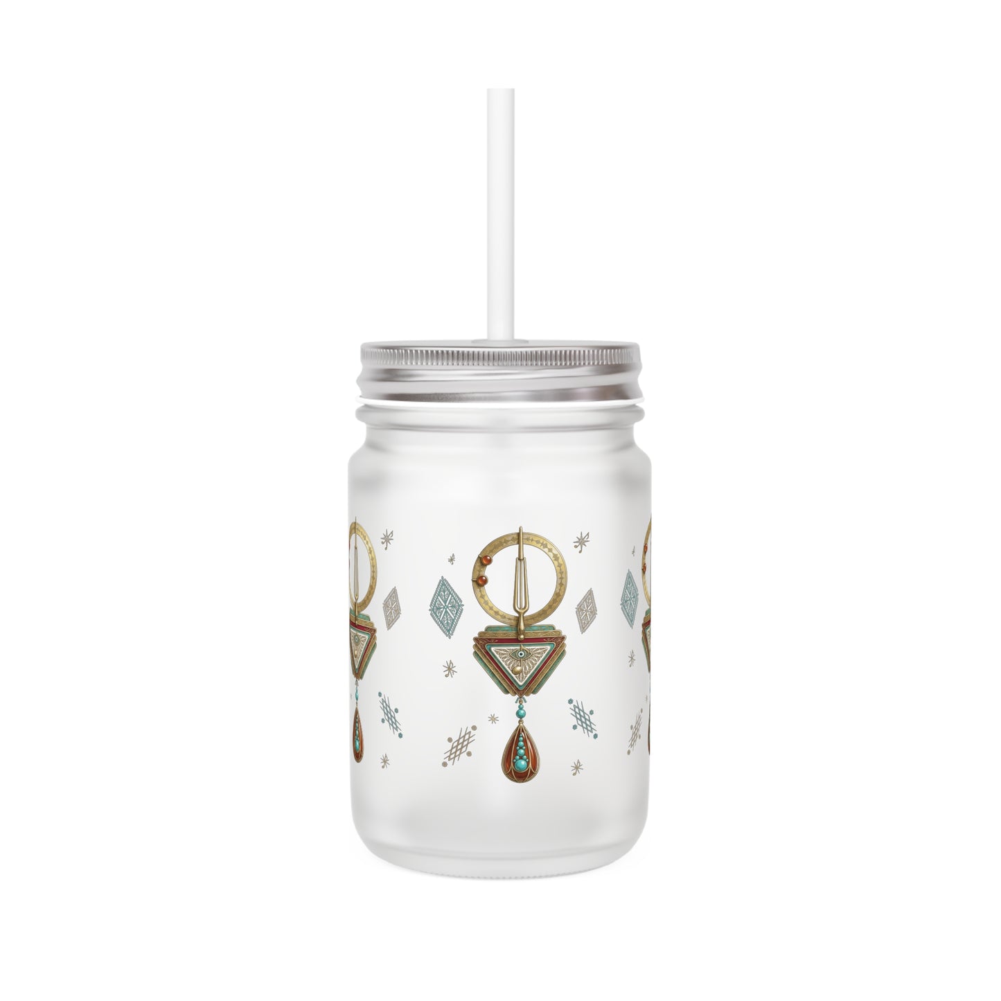 Mason Jar Tumbler bohème géométrique — design de gouttes dorées, mug avec paille réutilisable