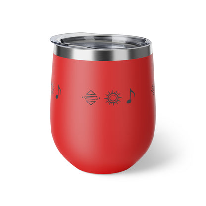 Gobelet à vin en cuivre isolé – gobelet de voyage rouge avec icônes de soleil et de note de musique, 12 oz