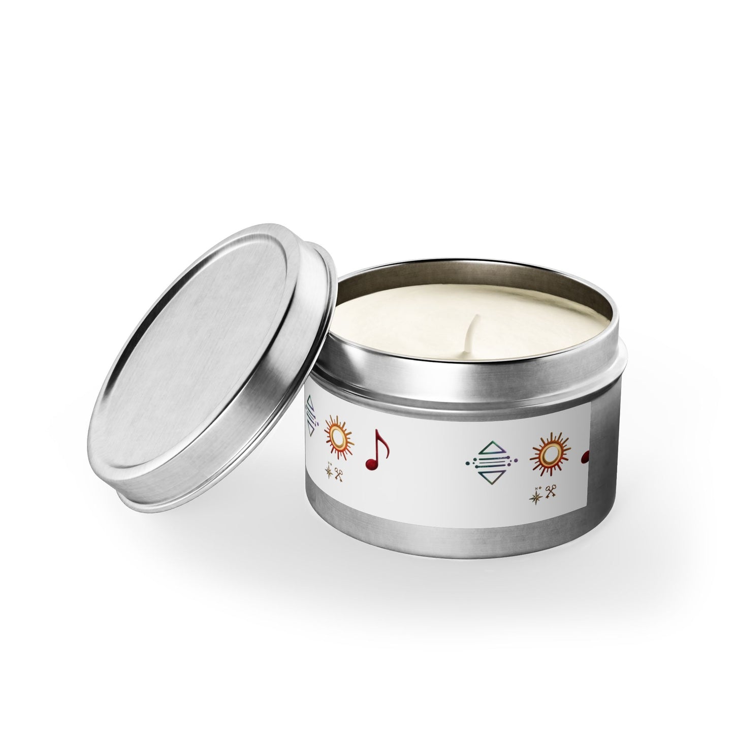 Bougie en boîte métallique — Bougie parfumée en boîte métallique symbole bohème soleil et musique