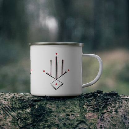 Enamel Mug — Minimalist Geometric Camping Cup with Red Dot Accent