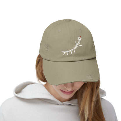 Distressed Black Cap with Minimal White Branch & Red Bud Embroidery
