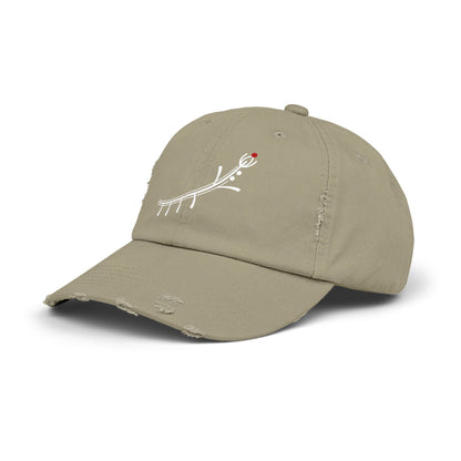 Distressed Black Cap with Minimal White Branch & Red Bud Embroidery
