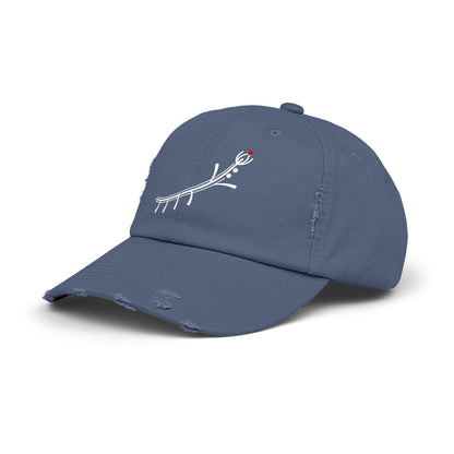 Distressed Black Cap with Minimal White Branch & Red Bud Embroidery