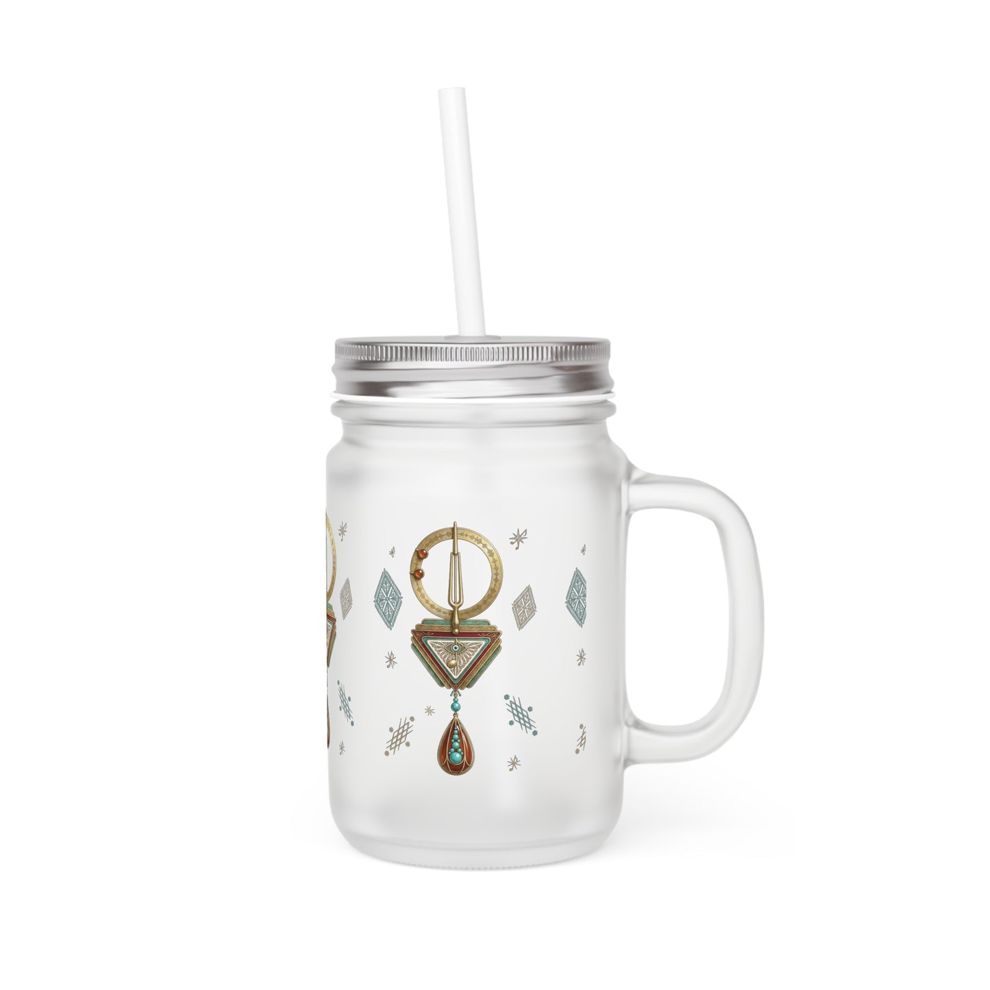 Mason Jar Tumbler bohème géométrique — design de gouttes dorées, mug avec paille réutilisable