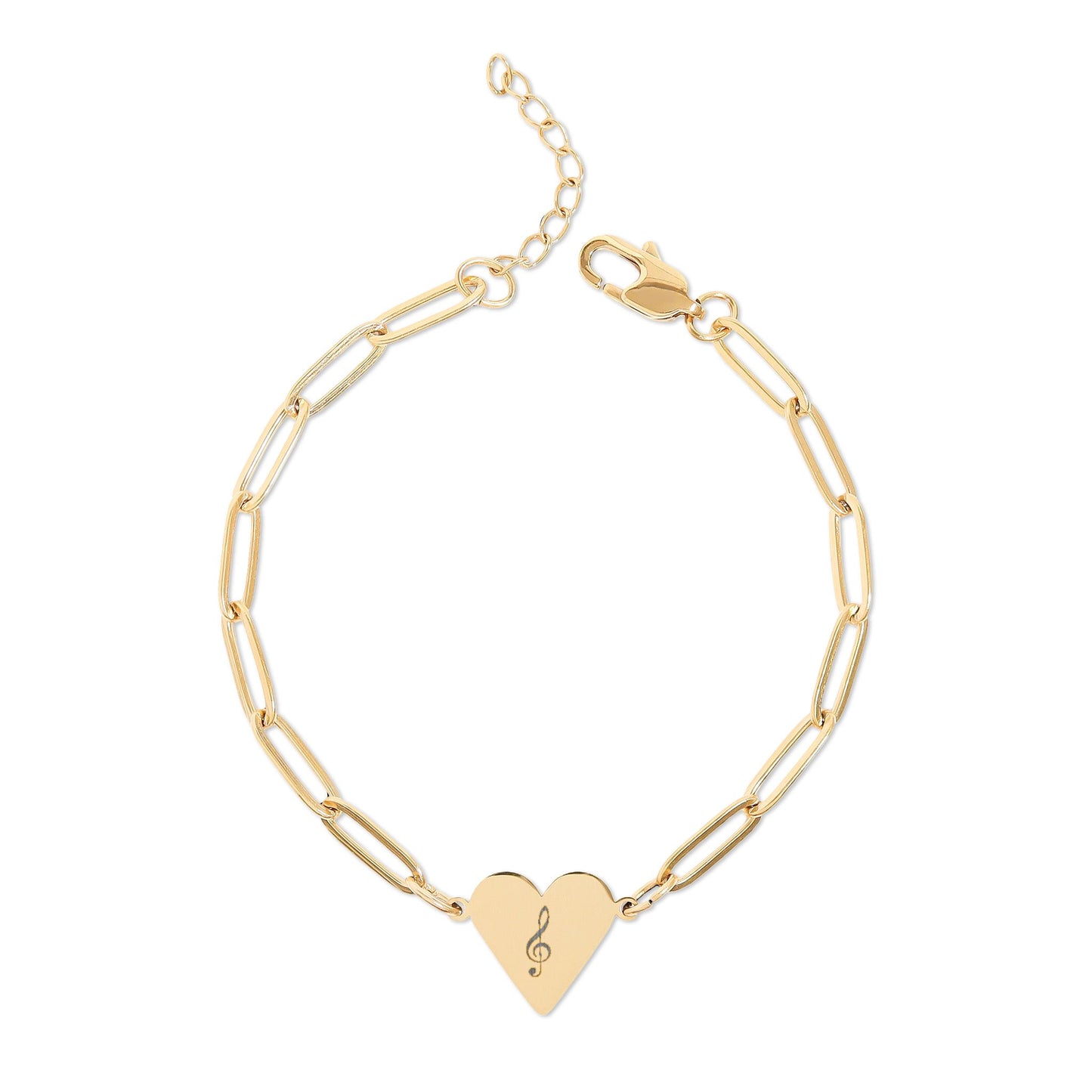 Bracelet chaîne trombone avec cœur gravable — Bracelet à breloque cœur personnalisé (or rose ou or)
