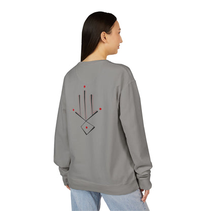 Minimal Geometric Crewneck Sweatshirt — Subtle Hand Symbol with Red Accents