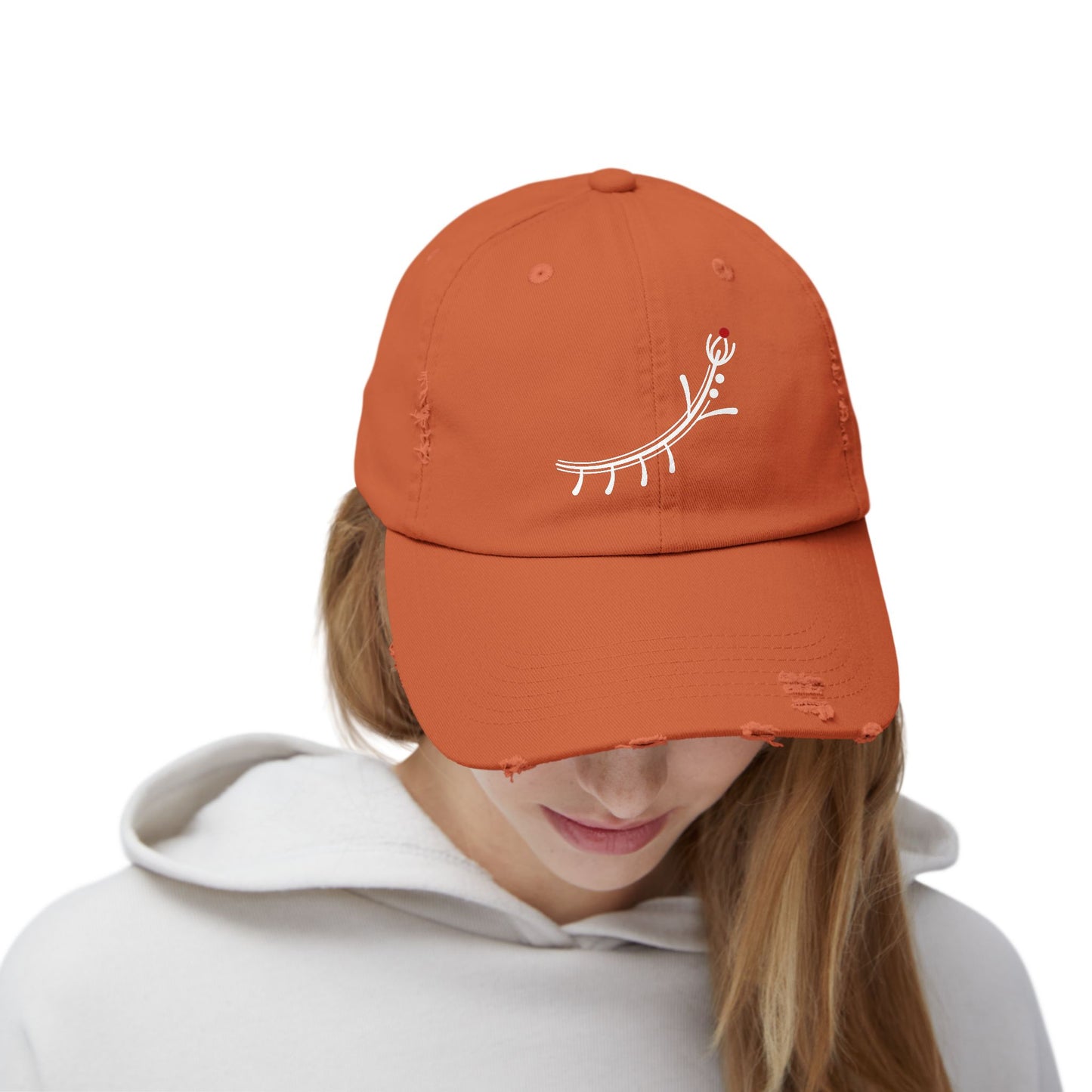 Distressed Black Cap with Minimal White Branch & Red Bud Embroidery