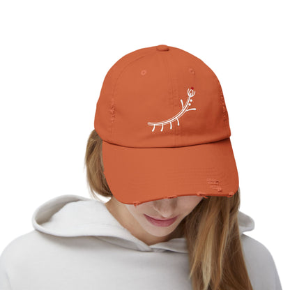 Distressed Black Cap with Minimal White Branch & Red Bud Embroidery