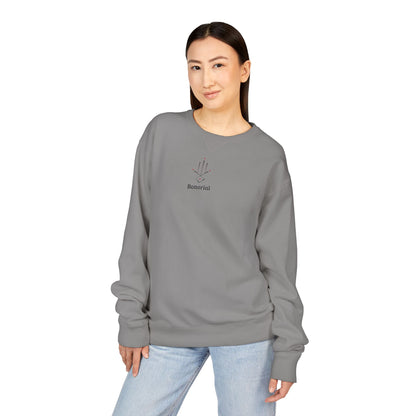 Minimal Geometric Crewneck Sweatshirt — Subtle Hand Symbol with Red Accents