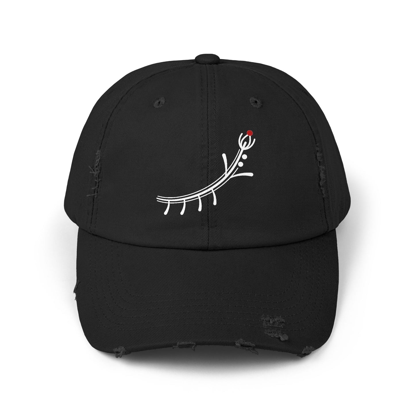 Distressed Black Cap with Minimal White Branch & Red Bud Embroidery