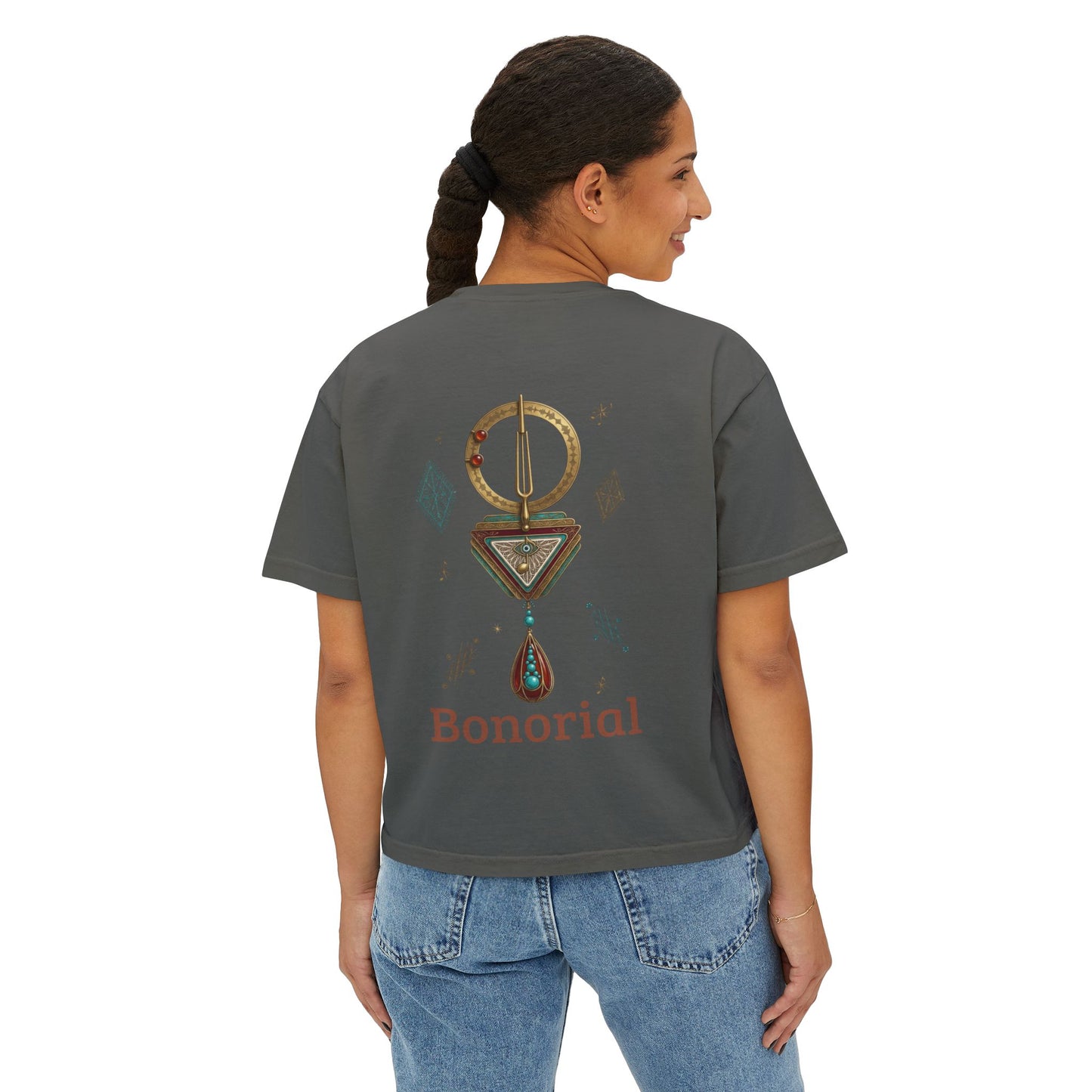 Bonorial Boho t-shirt graphique coupe boxy — haut court décontracté pour femme