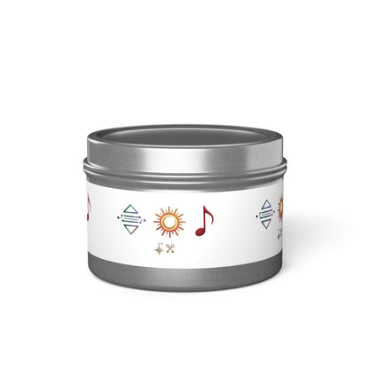 Bougie en boîte métallique — Bougie parfumée en boîte métallique symbole bohème soleil et musique
