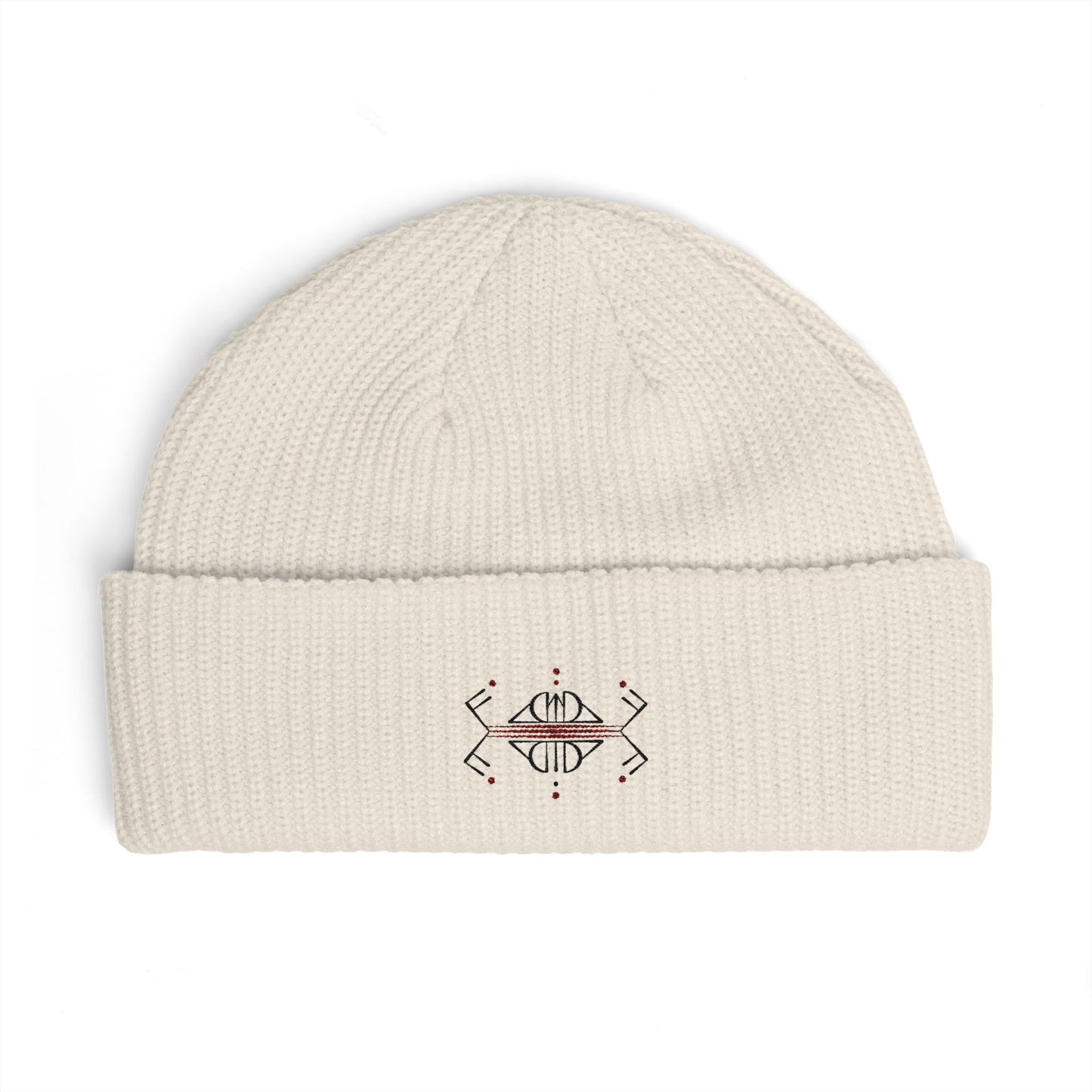 Embroidered Geometric Cuff Beanie — Minimal Boho Knit Hat