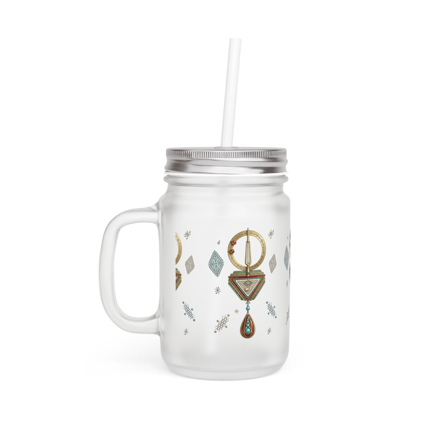 Mason Jar Tumbler bohème géométrique — design de gouttes dorées, mug avec paille réutilisable