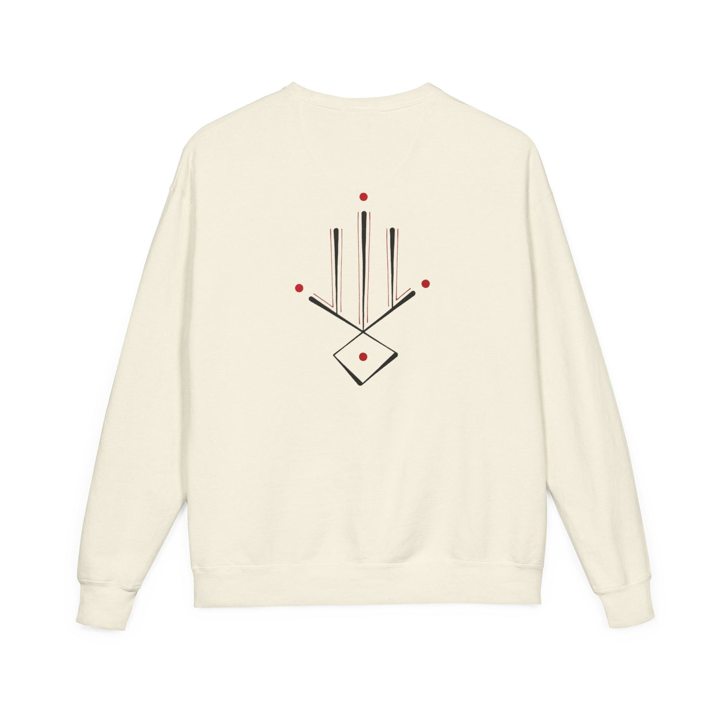Minimal Geometric Crewneck Sweatshirt — Subtle Hand Symbol with Red Accents