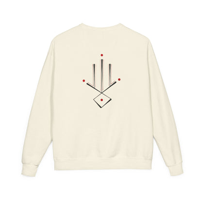Minimal Geometric Crewneck Sweatshirt — Subtle Hand Symbol with Red Accents