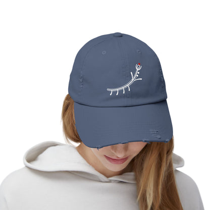 Distressed Black Cap with Minimal White Branch & Red Bud Embroidery
