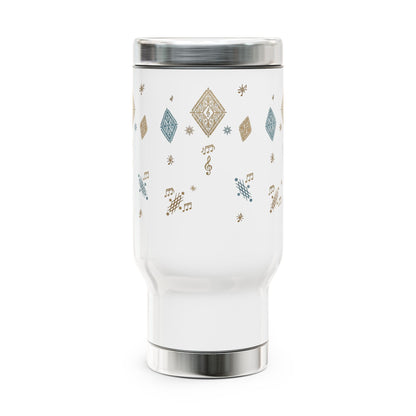Mug de voyage en acier inoxydable de 14 oz — motif musical en losanges dorés et bleu sarcelle, gobelet à café isotherme avec poignée