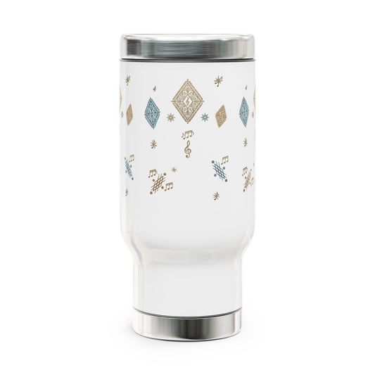 Mug de voyage en acier inoxydable de 14 oz — motif musical en losanges dorés et bleu sarcelle, gobelet à café isotherme avec poignée