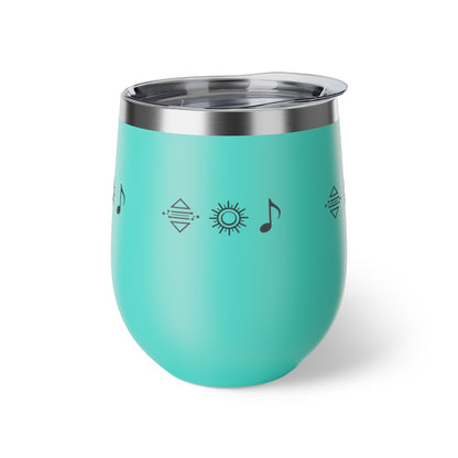 Gobelet à vin en cuivre isolé – gobelet de voyage rouge avec icônes de soleil et de note de musique, 12 oz