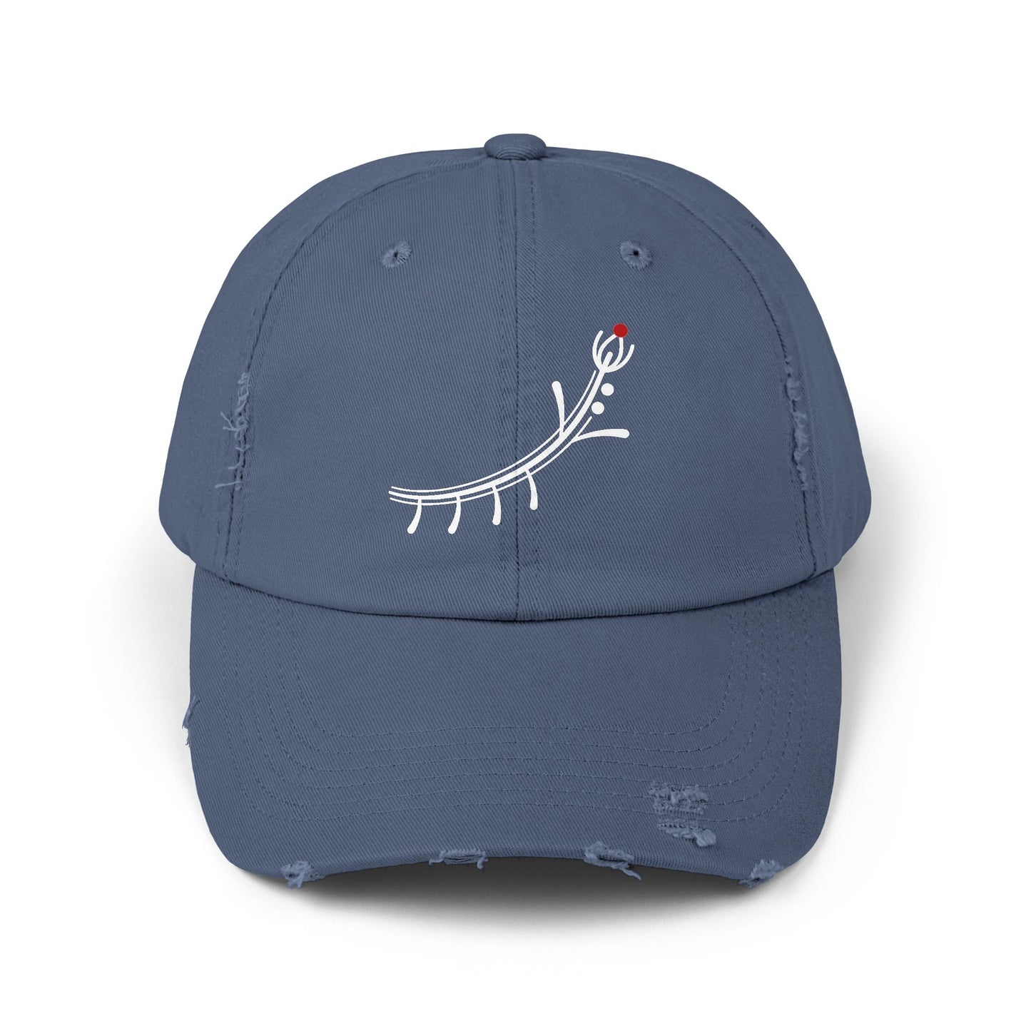 Distressed Black Cap with Minimal White Branch & Red Bud Embroidery