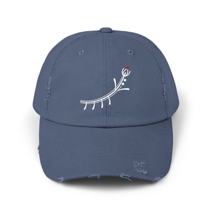 Distressed Black Cap with Minimal White Branch & Red Bud Embroidery