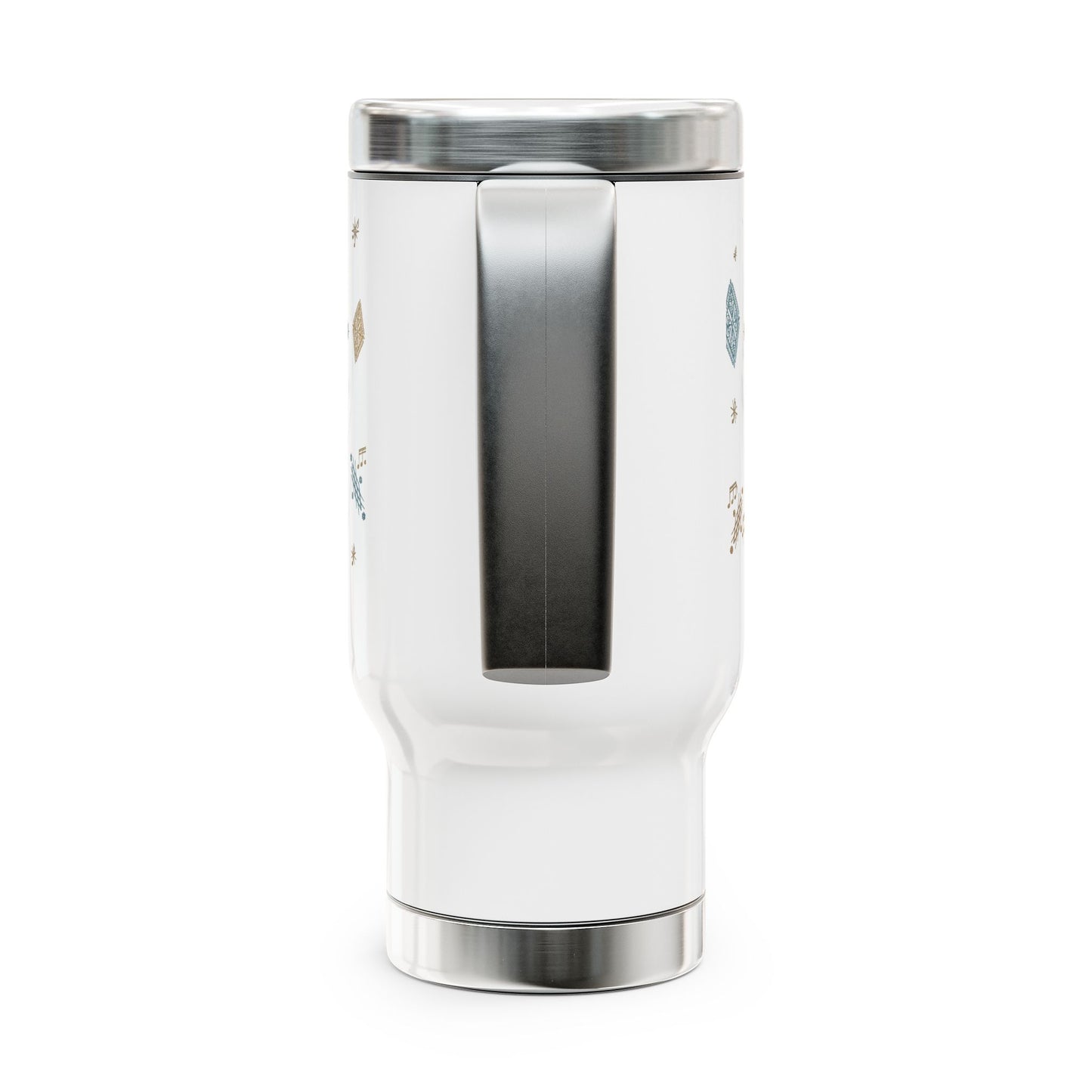 Mug de voyage en acier inoxydable de 14 oz — motif musical en losanges dorés et bleu sarcelle, gobelet à café isotherme avec poignée