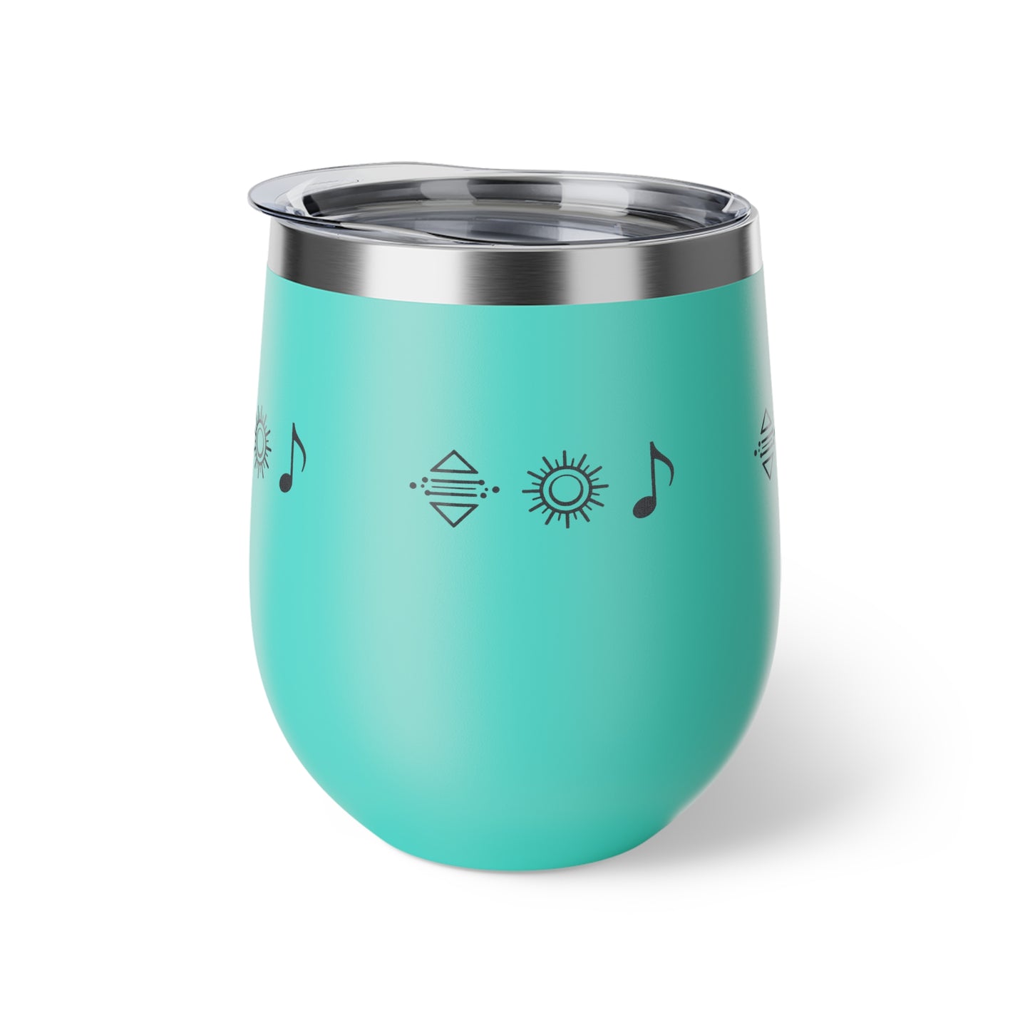 Gobelet à vin en cuivre isolé – gobelet de voyage rouge avec icônes de soleil et de note de musique, 12 oz