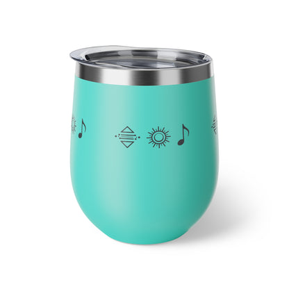 Gobelet à vin en cuivre isolé – gobelet de voyage rouge avec icônes de soleil et de note de musique, 12 oz