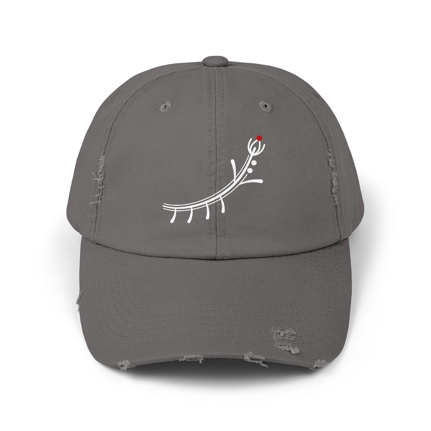 Distressed Black Cap with Minimal White Branch & Red Bud Embroidery