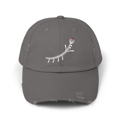Distressed Black Cap with Minimal White Branch & Red Bud Embroidery